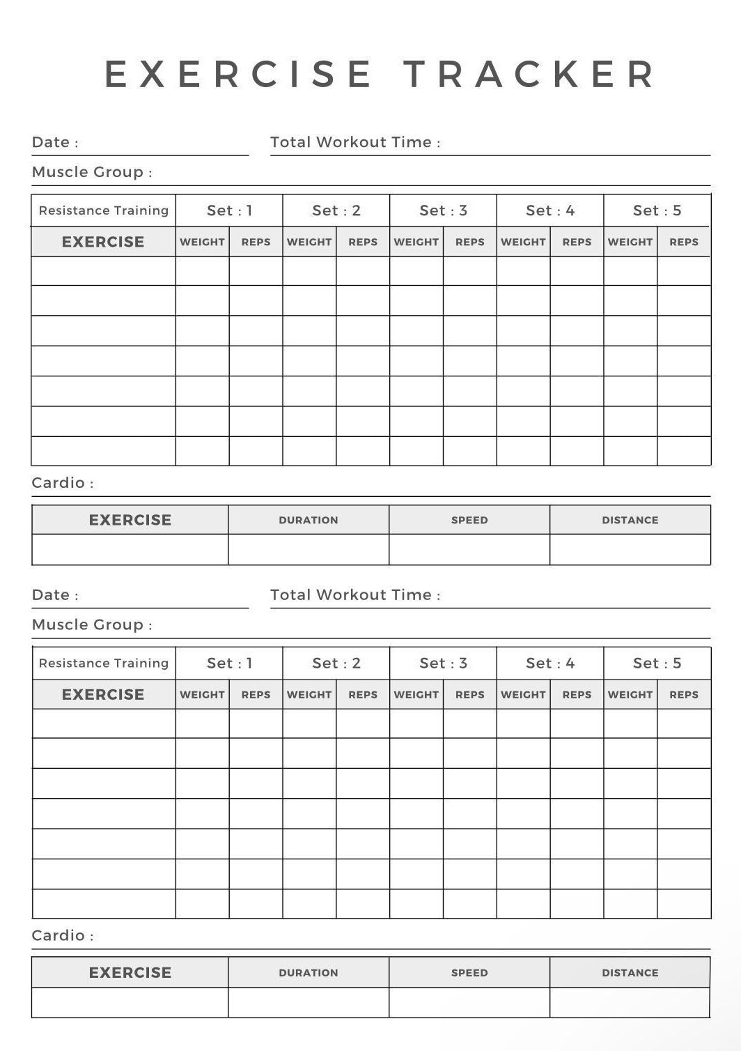 A printed paper exercise tracker sheet with empty rows for date, muscle group, sets, weight and reps.